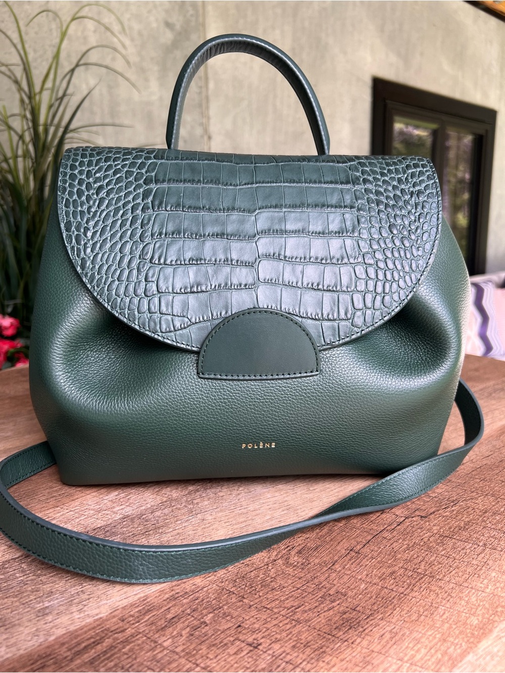 Polène Dark Green Croc-Embossed Leather Crossbody Bag